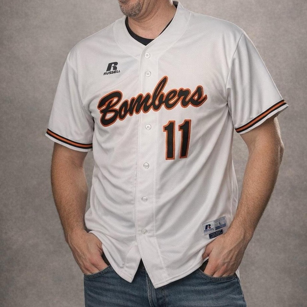 Russell Athletic White Bomber Jersey with Black and Orange Accents